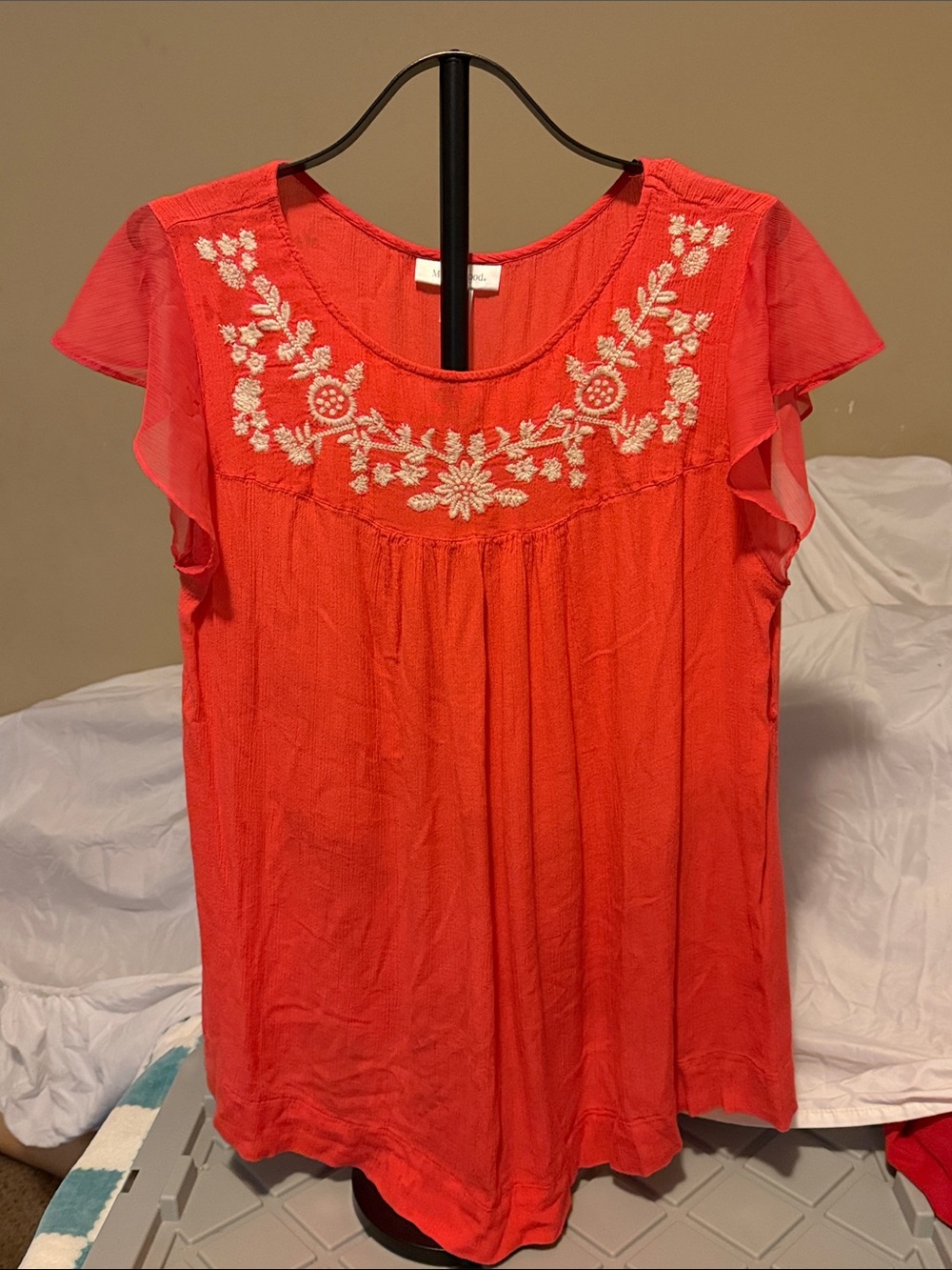 Motherhood Maternity Coral Embroidered Scoop Neck Blouse